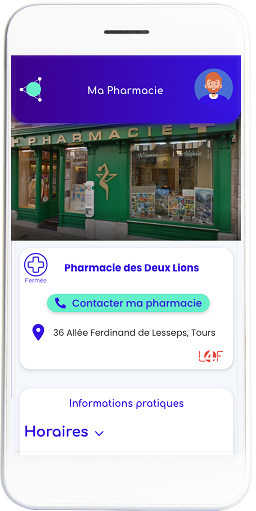 Interface de présentation de la pharmacie et de ses informations pratiques pour l'application Apodis patients