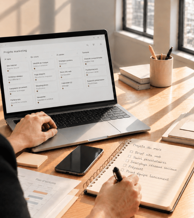 Organisation et suivi de projets marketing sur un ordinateur portable.